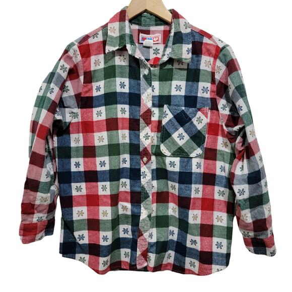 American Sweetheart Womens Plaid Floral Button Front Flannel Top Size Large - Picture 1 of 9